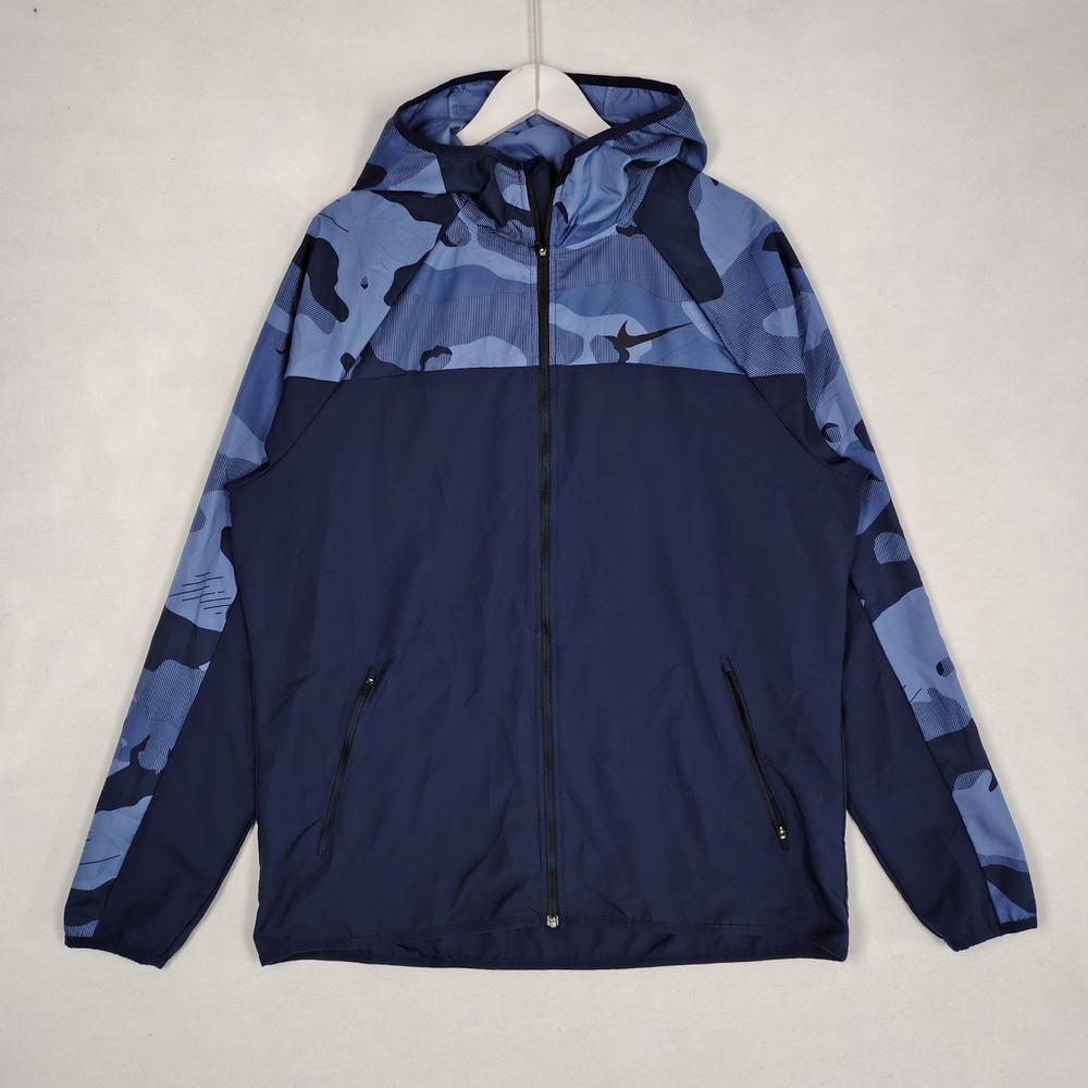 Nike Dri-FIT Mens Blue Camo Full Zip Hooded Windbreaker Jacket Large CU3598-451
